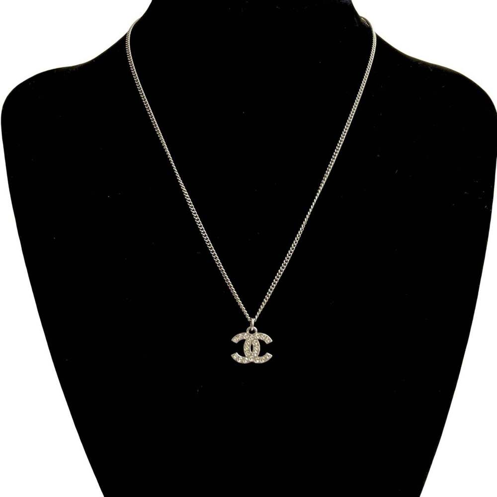 CHANEL Authentic Silver Logo Necklace